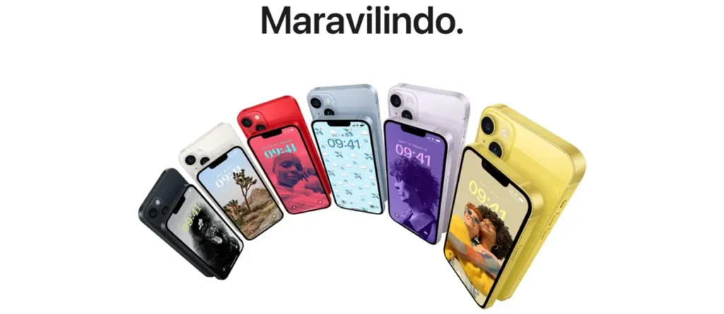 iPhone 14 em destaque com design elegante, tela Super Retina XDR e acabamento em vidro e alumínio — modelo disponível em cores modernas e compatível com iOS 18 e ecossistema Apple