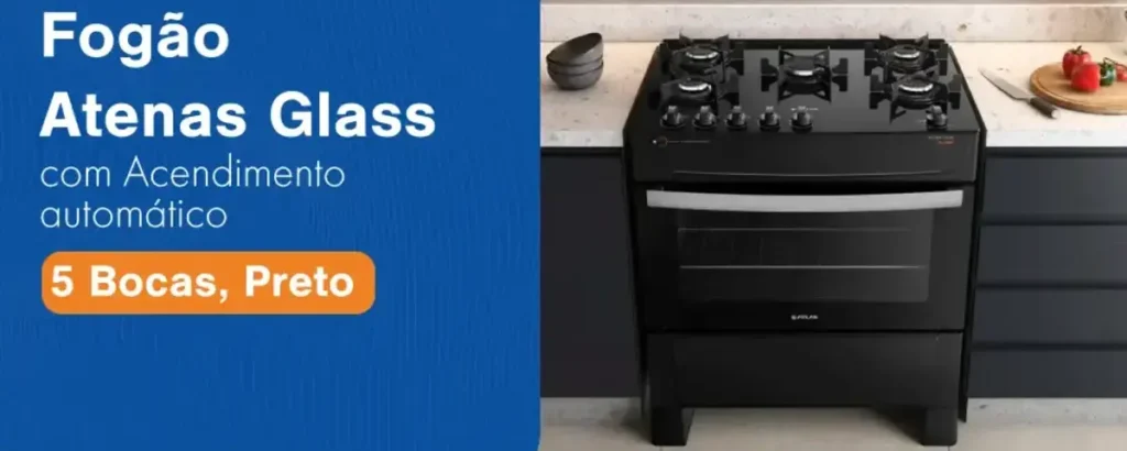 Fogão Atlas 5 Bocas preto Atenas Glass com Acendimento automático